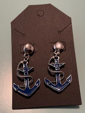 Lovely Nautical Anchor Drop Earrings - Blue & Silver